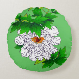 Vintage japanische Skizze für große weiße Peony Rundes Kissen