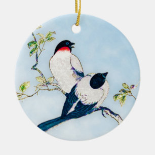 Vintage japanische Tintenskizze Finches Keramik Or Ornament