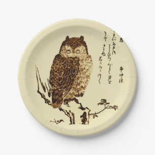 Vintage japanische Tintenzeichnung einer Eule Pappteller