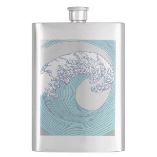 Vintage-Japanische Ukiyo-e-Surfwellen-Kunst Blaue Flachmann