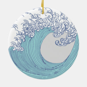 Vintage-Japanische Ukiyo-e-Surfwellen-Kunst Blaue Keramik Ornament