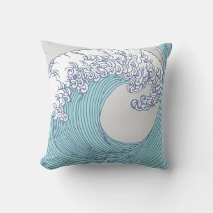 Vintage-Japanische Ukiyo-e-Surfwellen-Kunst Blaue Kissen