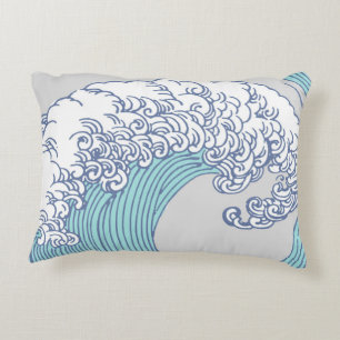 Vintage-Japanische Ukiyo-e-Surfwellen-Kunst Blaue  Zierkissen