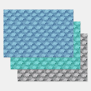 Vintage japanische Waves, blau.türkis, blau/weiß Geschenkpapier Set