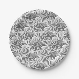 Vintage japanische Waves, grau/grau und weiß Pappteller