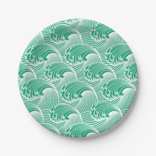Vintage japanische Waves, Jade Green und White Pappteller