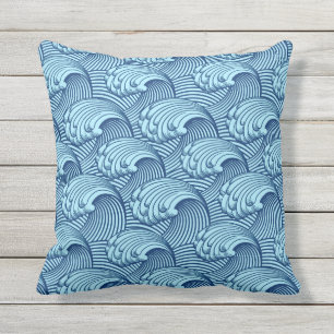 Vintage japanische Waves, Marine und Sky Blue Kissen Für Draußen