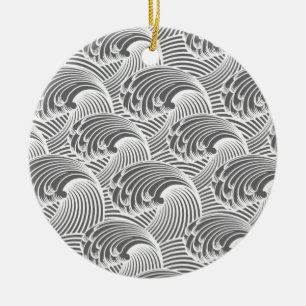 Vintage japanische Wellen, Grau und Weiß Keramik Ornament