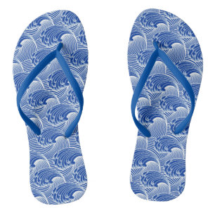 Vintage japanische Wellen, Kobalt-Blau und Weiß Badesandalen