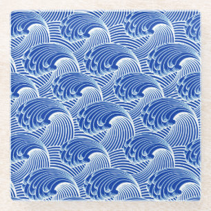 Vintage japanische Wellen, Kobalt Blau und Weiß  Glasuntersetzer