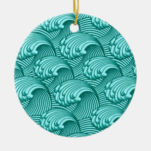 Vintage japanische Wellen, Türkis und Aquamarin Keramik Ornament