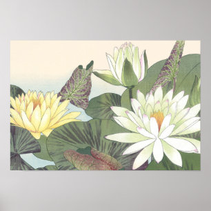 Vintage Japanische Woodblock White Lotus Blume Poster