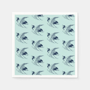 Vintage japanische Zeichnung eines Kranichs, Blau Serviette