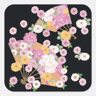 Vintage japanischer Blumenfächer Quadratischer Aufkleber