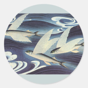 Vintage Japanischer Fliegender Fisch im Ozean, Jap Runder Aufkleber