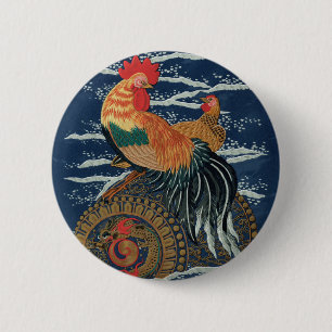 Vintage Japanischer Hahn Henne Drachen Kunst Button