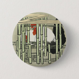 Vintage-Japanischer Hahn hinter Bambuszaun-Kunst Button