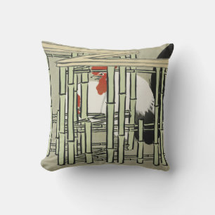 Vintage-Japanischer Hahn hinter Bambuszaun-Kunst Kissen