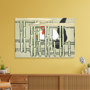 Vintage japanischer Hahn hinter Bambuszaun Kunst Leinwanddruck