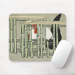 Vintage japanischer Hahn hinter Bambuszaun Kunst Mousepad