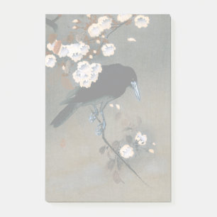 Vintage japanischer Holzschnitt mit Krähe und Blüt Post-it Klebezettel