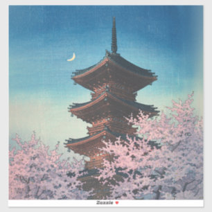 Vintage japanischer Holzschnitt Pagode am Frühling Aufkleber