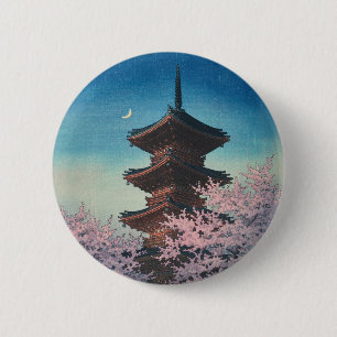 Vintage japanischer Holzschnitt Pagode am Frühling Button