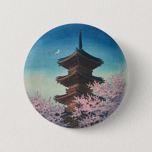 Vintage japanischer Holzschnitt Pagode am Frühling Button (Vorderseite)