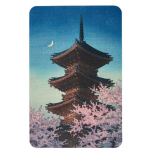 Vintage japanischer Holzschnitt Pagode am Frühling Magnet