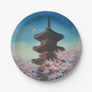 Vintage japanischer Holzschnitt Pagode am Frühling Pappteller