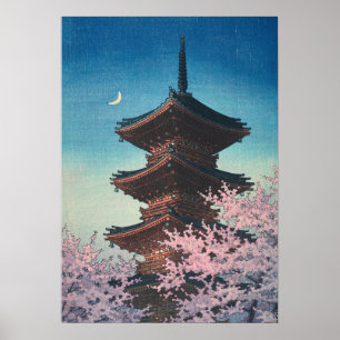 Vintage japanischer Holzschnitt Pagode am Frühling Poster