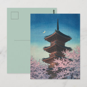 Vintage japanischer Holzschnitt Pagode am Frühling Postkarte