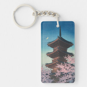 Vintage japanischer Holzschnitt Pagode am Frühling Schlüsselanhänger