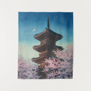 Vintage japanischer Holzschnitt Pagode am Frühling Wandteppich