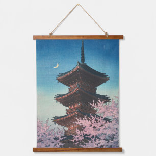 Vintage japanischer Holzschnitt Pagode am Frühling Wandteppich Mit Holzrahmen