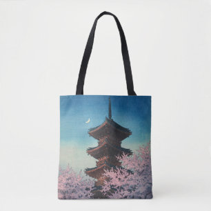 Vintage japanischer Holzschnitt Pagode an einem Fr Tasche