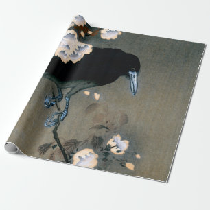 Vintage japanischer Krähen- und Blüten-Holzschnitt Geschenkpapier