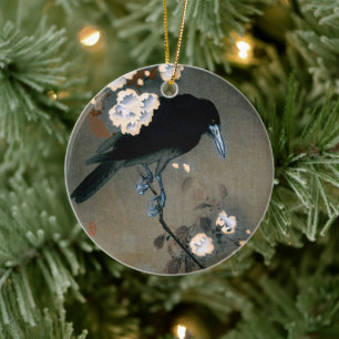 Vintage japanischer Krähen- und Blüten-Holzschnitt Keramik Ornament
