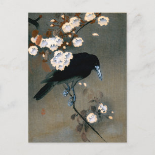 Vintage japanischer Krähen- und Blüten-Holzschnitt Postkarte