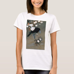 Vintage japanischer Krähen- und Blüten-Holzschnitt T-Shirt