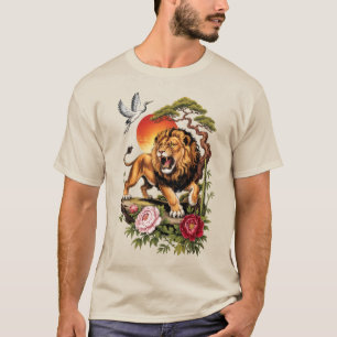Vintage Japanischer Löwe Grafik-T-Shirt, Florale A T-Shirt