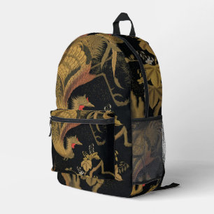 Vintage Japanischer Phoenix Gold Black Bird Bedruckter Rucksack