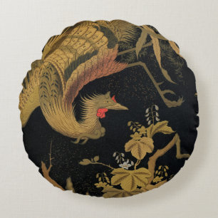 Vintage Japanischer Phoenix Gold Black Bird Rundes Kissen