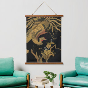 Vintage Japanischer Phoenix Gold Black Bird Wandteppich Mit Holzrahmen