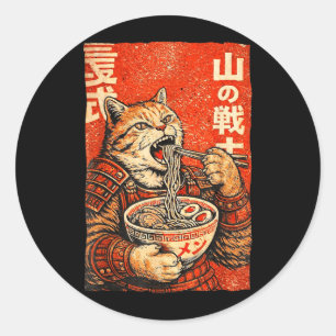 Vintage-Japanischer-Samurai-Katze-Ramen-Ukiyo-E-Gr Runder Aufkleber
