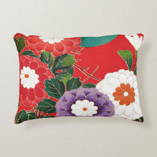 Vintage-Japanischer Stoff - Rote Dahlien Dekokissen