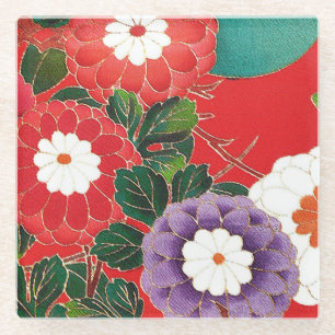 Vintage-Japanischer Stoff - Rote Dahlien Glasuntersetzer