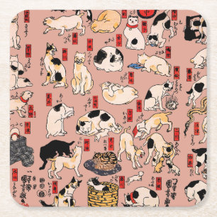 Vintage-Japanischer Ukiyo-e-Katzenmuster: Kuniyosh Rechteckiger Pappuntersetzer