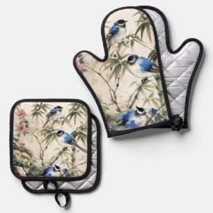 Vintage Japanischer Vogel Blüte Ofenhandschuh & Topflappen-Set