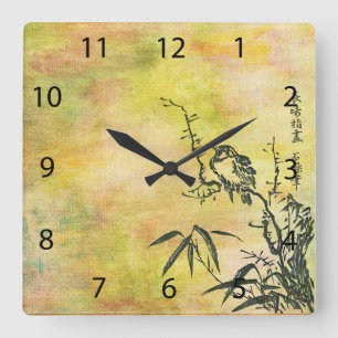 Vintage Japanischer Vogel Quadratische Wanduhr